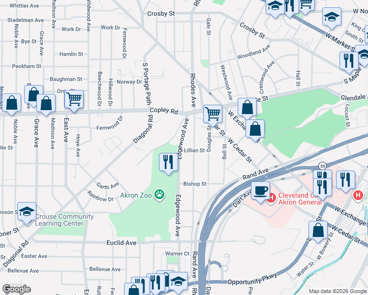 map of restaurants, bars, coffee shops, grocery stores, and more near 435 Edgewood Avenue in Akron