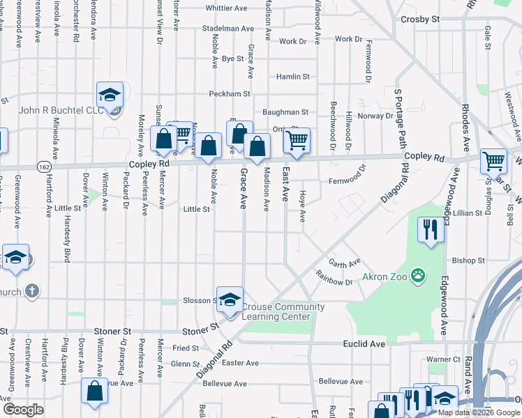 map of restaurants, bars, coffee shops, grocery stores, and more near 587 Madison Avenue in Akron