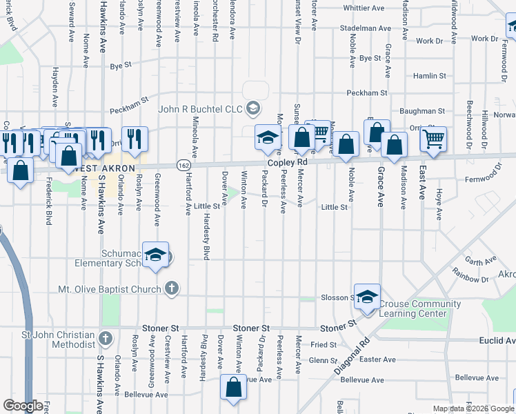 map of restaurants, bars, coffee shops, grocery stores, and more near 832 Packard Drive in Akron