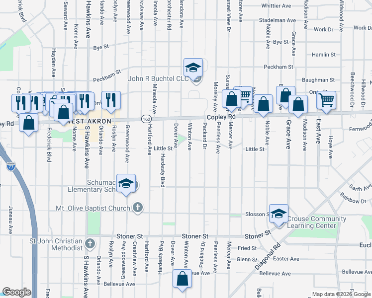 map of restaurants, bars, coffee shops, grocery stores, and more near 846 Winton Avenue in Akron