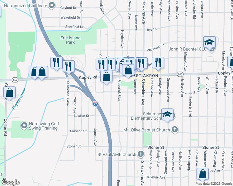 map of restaurants, bars, coffee shops, grocery stores, and more near 1520 Little Street in Akron