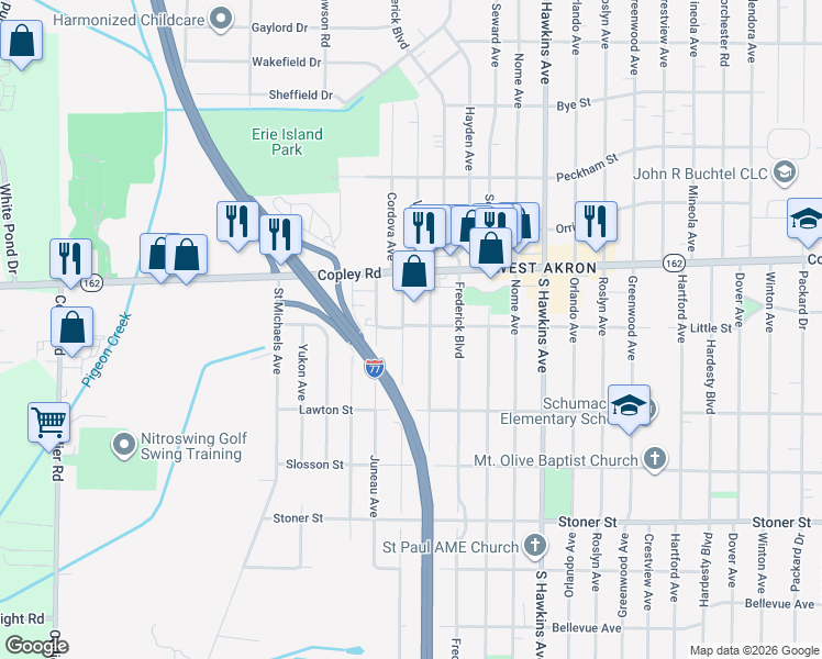 map of restaurants, bars, coffee shops, grocery stores, and more near 1001 Cordova Avenue in Akron