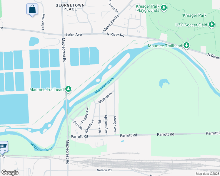 map of restaurants, bars, coffee shops, grocery stores, and more near 6806 South River Road in Fort Wayne