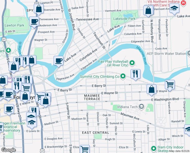 map of restaurants, bars, coffee shops, grocery stores, and more near 927 Liberty Street in Fort Wayne