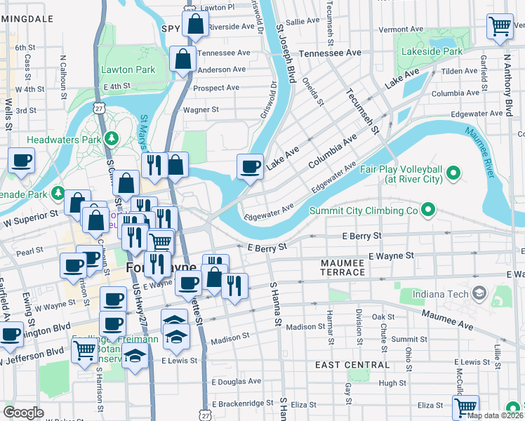 map of restaurants, bars, coffee shops, grocery stores, and more near 807 Edgewater Avenue in Fort Wayne