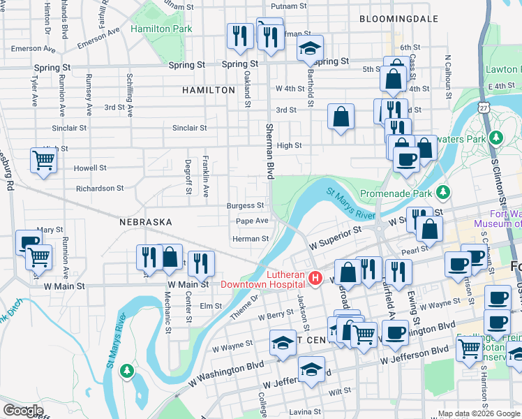 map of restaurants, bars, coffee shops, grocery stores, and more near 919 Sherman Boulevard in Fort Wayne