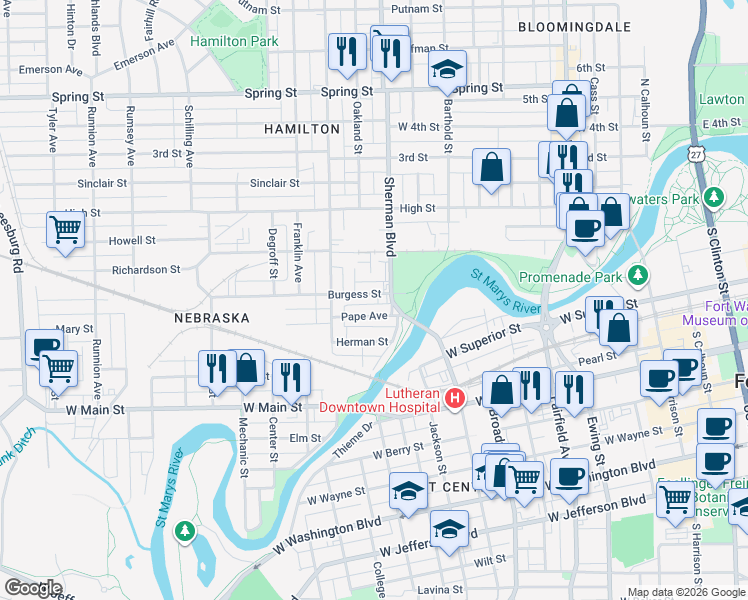 map of restaurants, bars, coffee shops, grocery stores, and more near 919 Sherman Boulevard in Fort Wayne