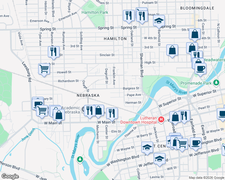map of restaurants, bars, coffee shops, grocery stores, and more near 1221 Burgess Street in Fort Wayne