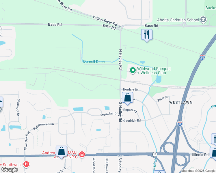 map of restaurants, bars, coffee shops, grocery stores, and more near 107 North Hadley Road in Fort Wayne