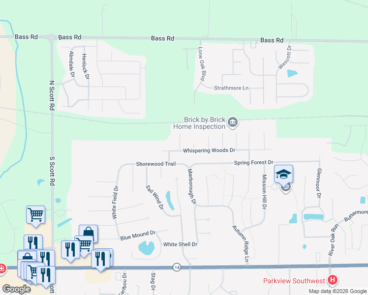 map of restaurants, bars, coffee shops, grocery stores, and more near 9200-9298 Whispering Woods Drive in Fort Wayne