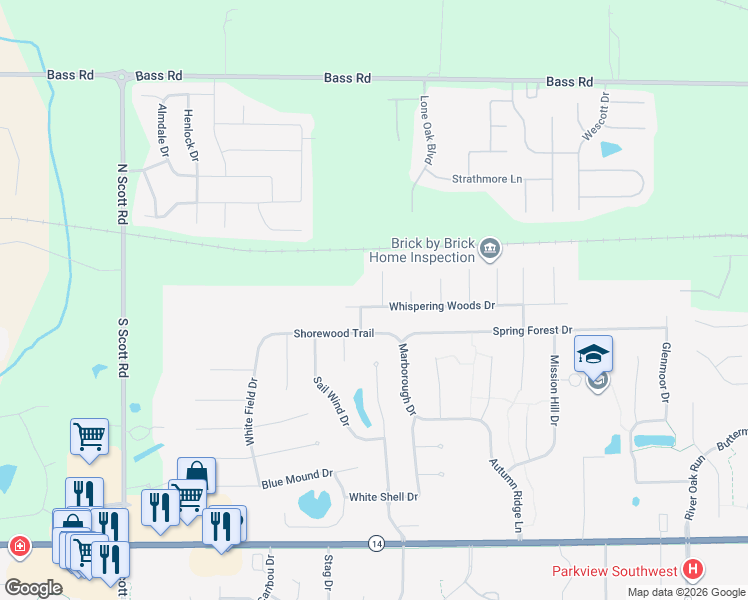 map of restaurants, bars, coffee shops, grocery stores, and more near 9332-9398 Whispering Woods Drive in Fort Wayne