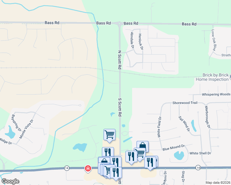 map of restaurants, bars, coffee shops, grocery stores, and more near 101 North Scott Road in Fort Wayne