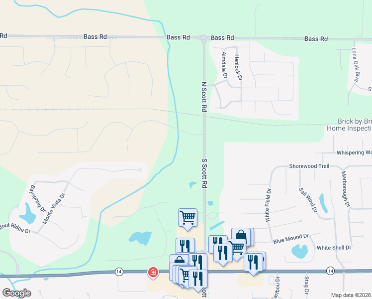 map of restaurants, bars, coffee shops, grocery stores, and more near 123 North Scott Road in Fort Wayne