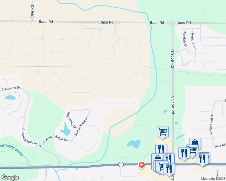 map of restaurants, bars, coffee shops, grocery stores, and more near 10906 Monte Vista Court in Fort Wayne