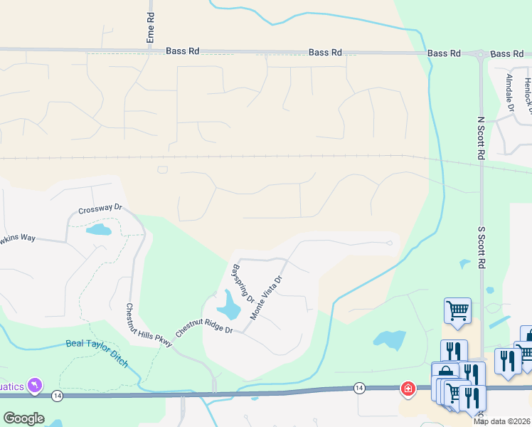 map of restaurants, bars, coffee shops, grocery stores, and more near 10519 Bass Road in Fort Wayne