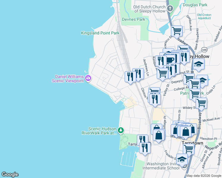 map of restaurants, bars, coffee shops, grocery stores, and more near 65 River Street in Sleepy Hollow