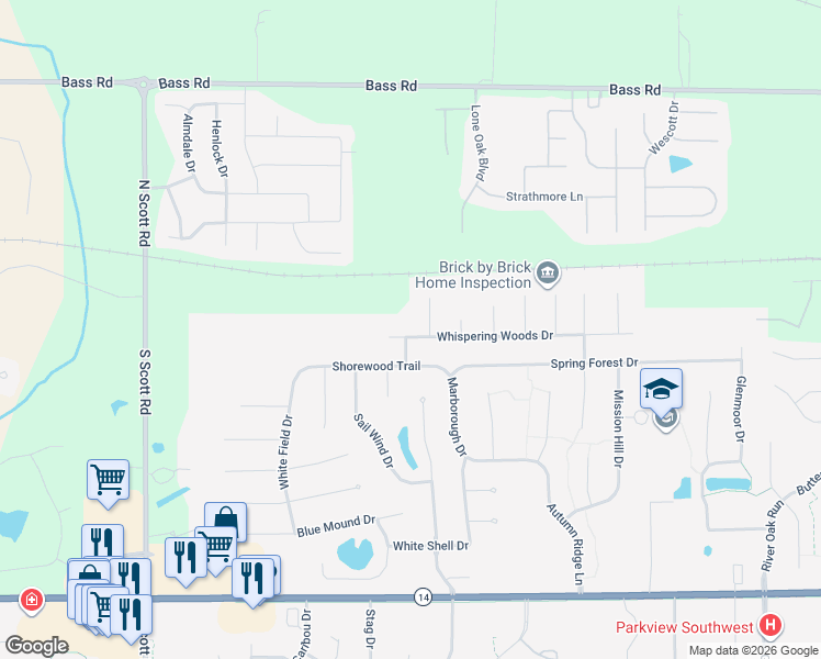 map of restaurants, bars, coffee shops, grocery stores, and more near 9332 Whispering Woods Drive in Fort Wayne
