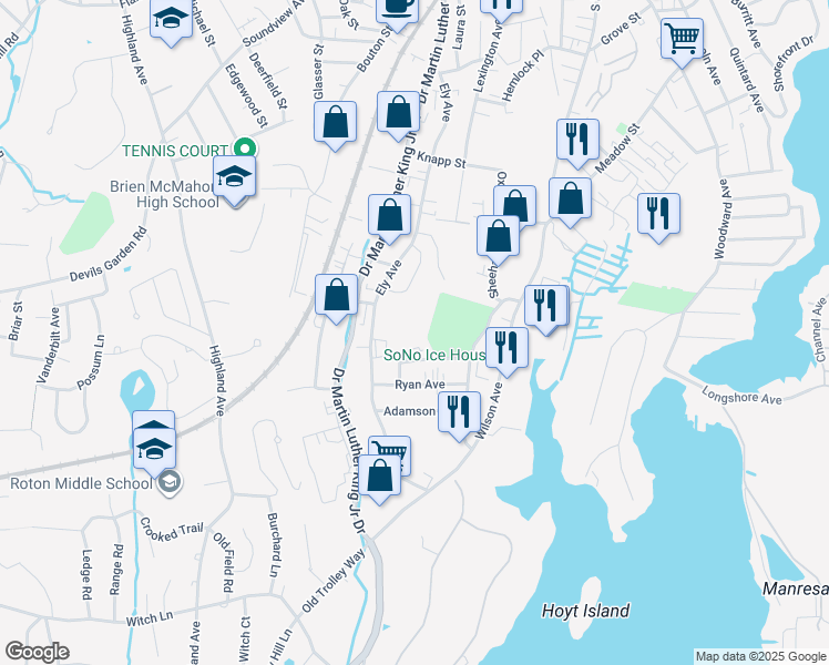 map of restaurants, bars, coffee shops, grocery stores, and more near 11 Ingalls Avenue in Norwalk
