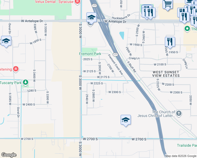 map of restaurants, bars, coffee shops, grocery stores, and more near 2847 West 2175 South in Syracuse