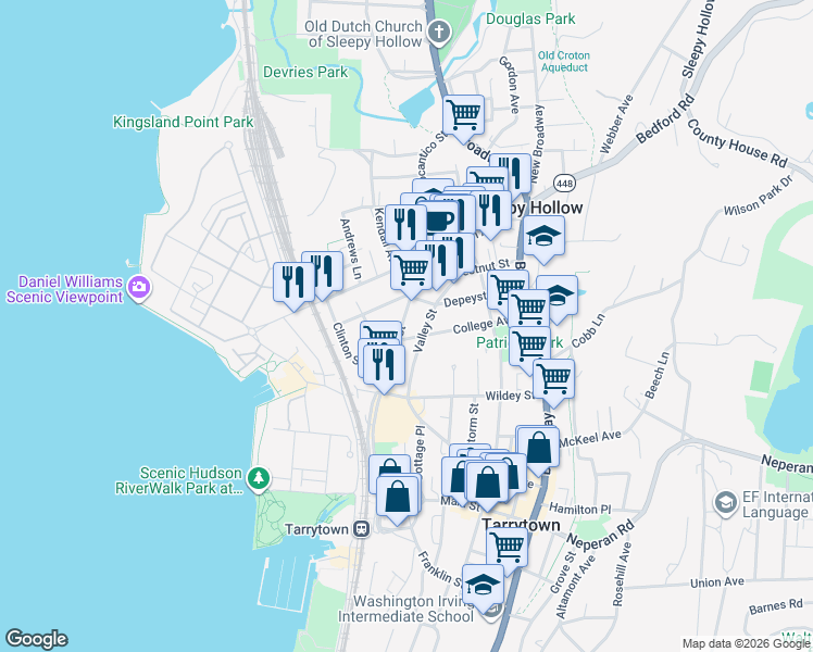 map of restaurants, bars, coffee shops, grocery stores, and more near 95 College Avenue in Sleepy Hollow