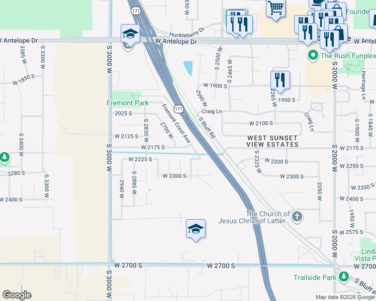 map of restaurants, bars, coffee shops, grocery stores, and more near 2649 2175 South in Syracuse