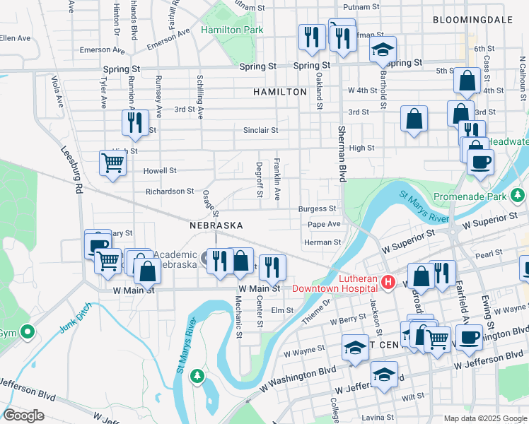map of restaurants, bars, coffee shops, grocery stores, and more near 1221 Burgess Street in Fort Wayne