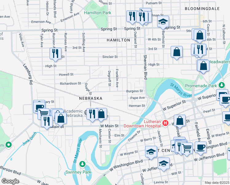 map of restaurants, bars, coffee shops, grocery stores, and more near 1211 Burgess Street in Fort Wayne