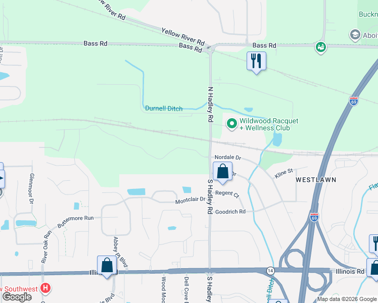 map of restaurants, bars, coffee shops, grocery stores, and more near 110 South Hadley Road in Fort Wayne