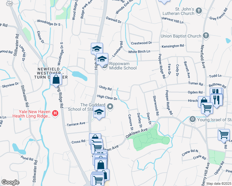 map of restaurants, bars, coffee shops, grocery stores, and more near 59 Unity Road in Stamford