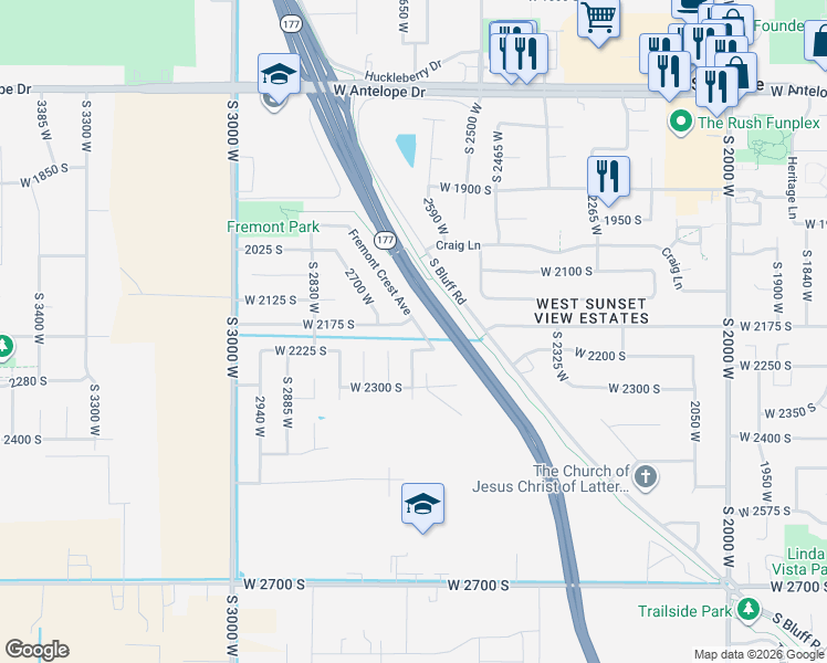 map of restaurants, bars, coffee shops, grocery stores, and more near 2641 West 2175 South in Syracuse