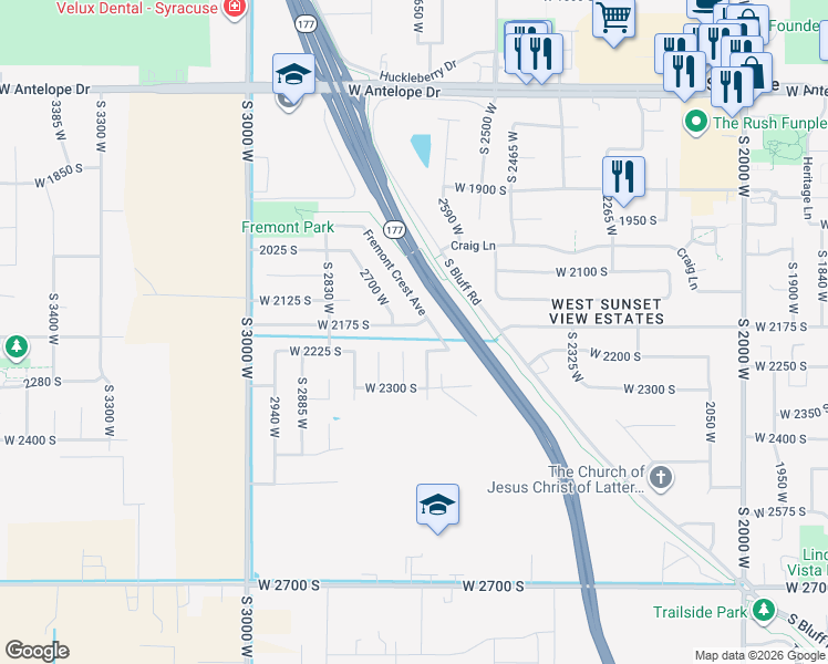 map of restaurants, bars, coffee shops, grocery stores, and more near 2661 West 2175 South in Syracuse