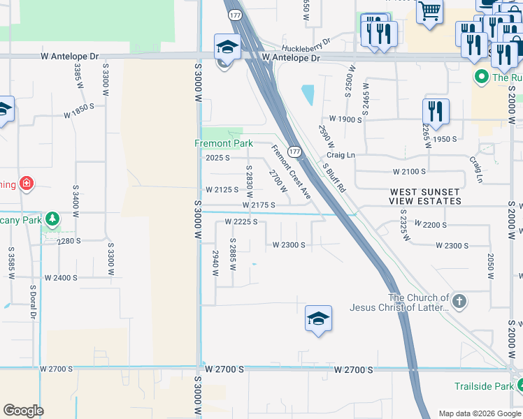 map of restaurants, bars, coffee shops, grocery stores, and more near 2801 2175 South in Syracuse