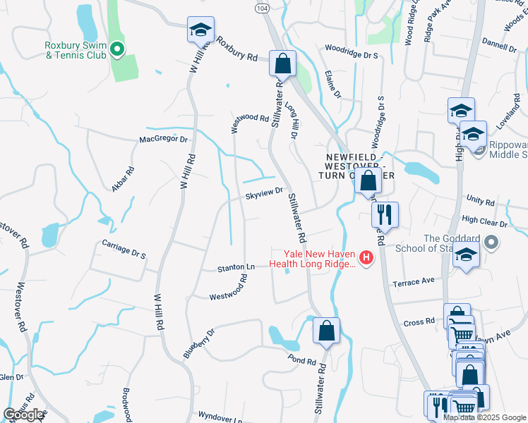 map of restaurants, bars, coffee shops, grocery stores, and more near 23 Westwood Court in Stamford