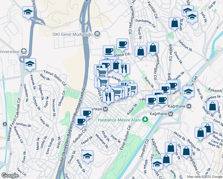 map of restaurants, bars, coffee shops, grocery stores, and more near 20 Alibeyköy Caddesi in Kağıthane