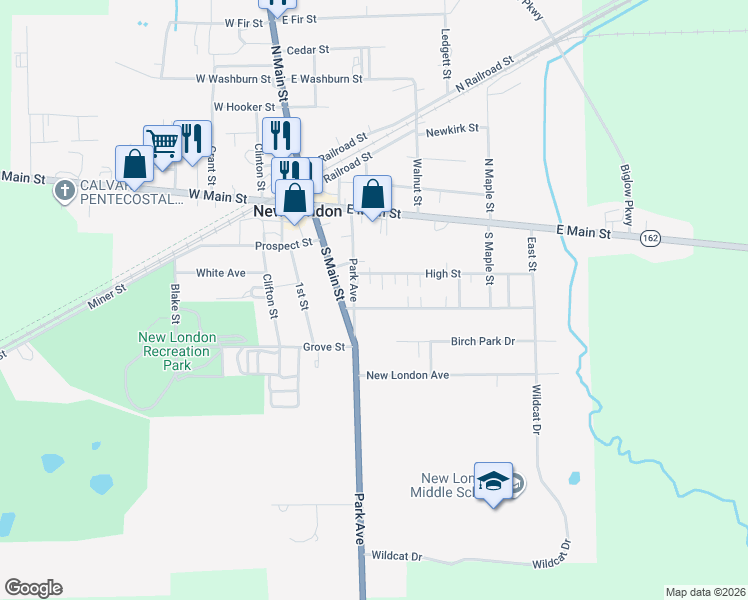 map of restaurants, bars, coffee shops, grocery stores, and more near 25 3rd Street in New London