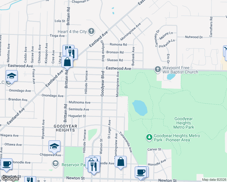 map of restaurants, bars, coffee shops, grocery stores, and more near 1556 Indianola Avenue in Akron