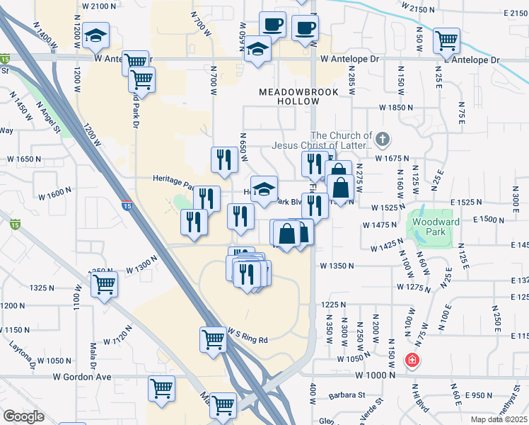 map of restaurants, bars, coffee shops, grocery stores, and more near 523 Heritage Park Boulevard in Layton