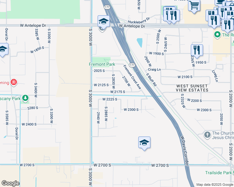 map of restaurants, bars, coffee shops, grocery stores, and more near 2811 West 2175 South in Syracuse