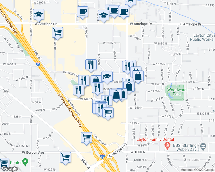 map of restaurants, bars, coffee shops, grocery stores, and more near 523 Heritage Park Boulevard in Layton