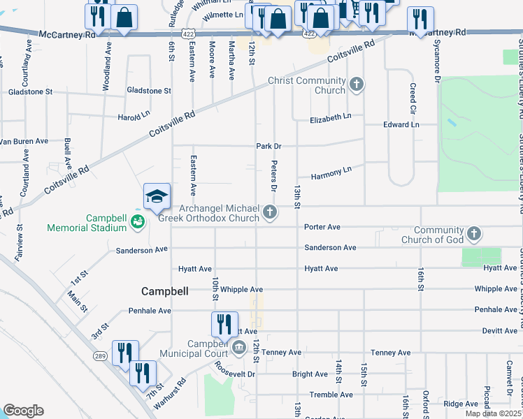 map of restaurants, bars, coffee shops, grocery stores, and more near 421 12th Street in Campbell