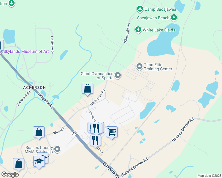 map of restaurants, bars, coffee shops, grocery stores, and more near 2 Park Lake Road in Sparta