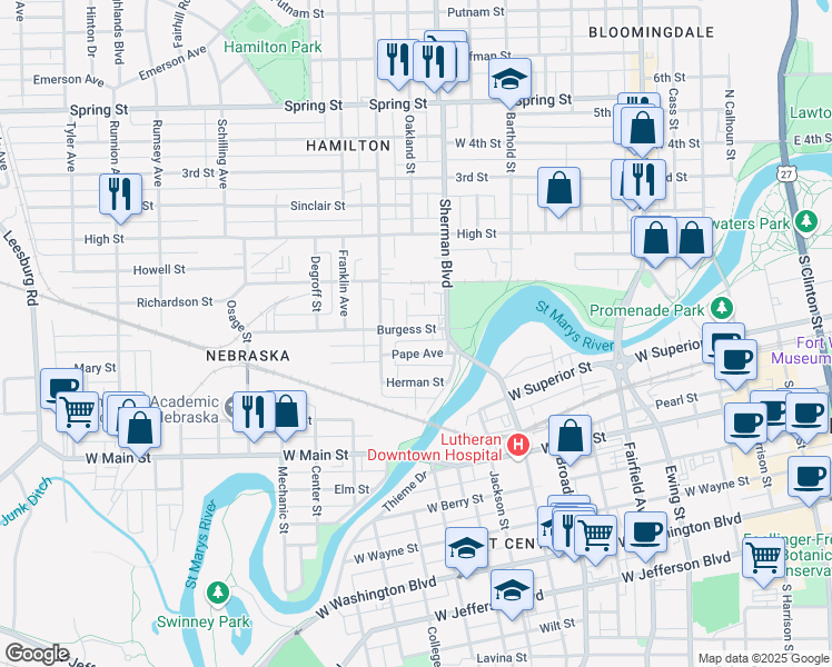 map of restaurants, bars, coffee shops, grocery stores, and more near 935 Burgess Street in Fort Wayne