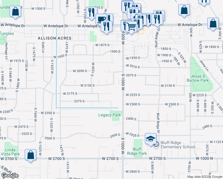 map of restaurants, bars, coffee shops, grocery stores, and more near 1088 West 2175 South in Syracuse
