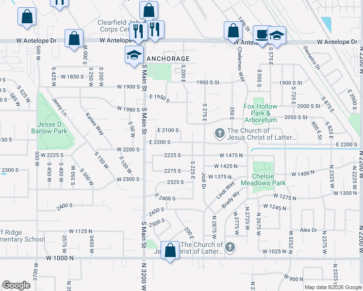 map of restaurants, bars, coffee shops, grocery stores, and more near 180 East 2200 South in Clearfield