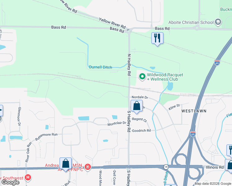 map of restaurants, bars, coffee shops, grocery stores, and more near 107 North Hadley Road in Fort Wayne