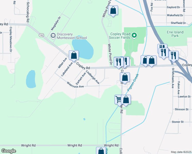 map of restaurants, bars, coffee shops, grocery stores, and more near 1355 Keystone Boulevard in Akron