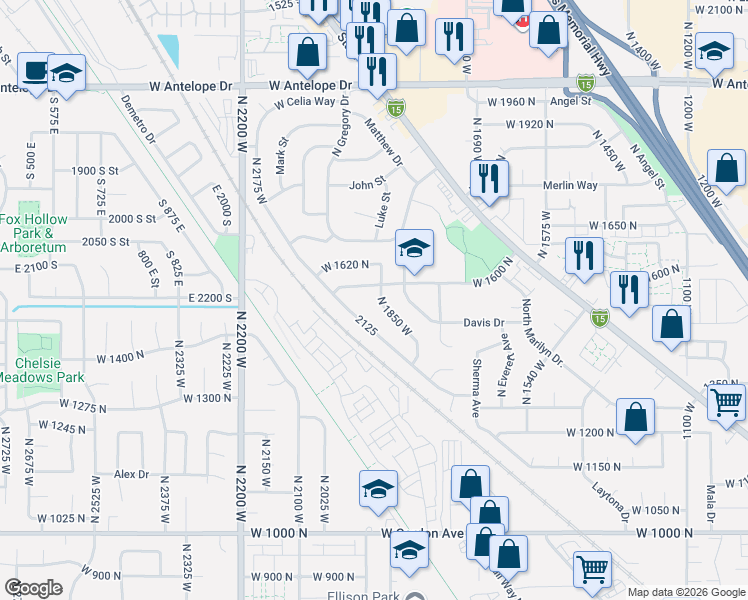 map of restaurants, bars, coffee shops, grocery stores, and more near 1530 North Celia Way in Layton
