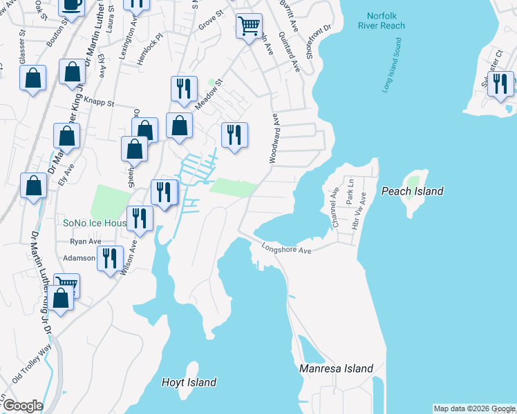 map of restaurants, bars, coffee shops, grocery stores, and more near 4 Yost Street in Norwalk