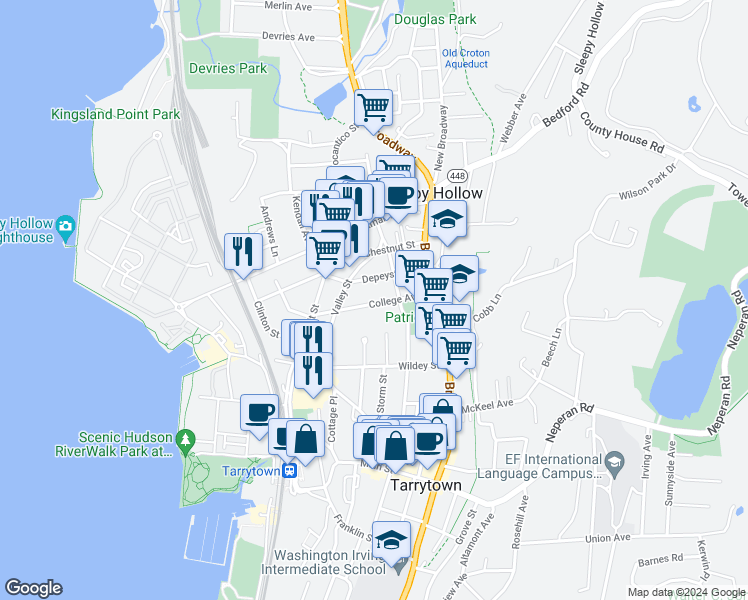 map of restaurants, bars, coffee shops, grocery stores, and more near 67 College Avenue in Sleepy Hollow