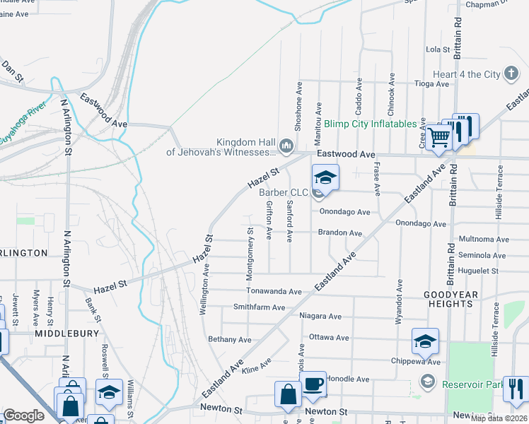 map of restaurants, bars, coffee shops, grocery stores, and more near 672 Grifton Avenue in Akron